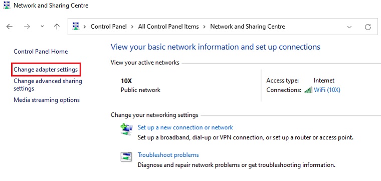 Change adapter settings option in Network and Sharing Centre.