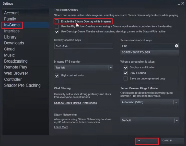 Disable Steam In-game Overlay from Steam Settings to fix fps drops in CSGO.