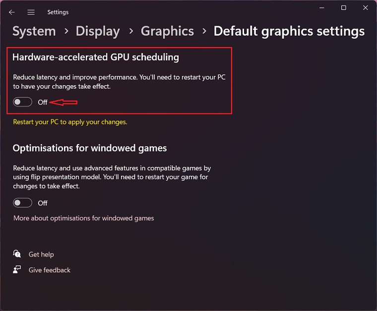 Disabling Hardware-accelerated GPU Scheduling from Display settings.