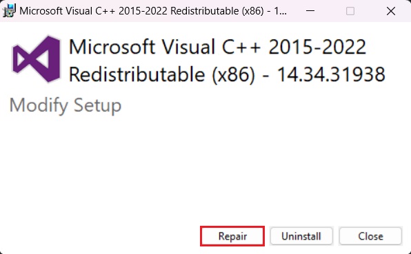 Microsoft Visual C++ repair option.
